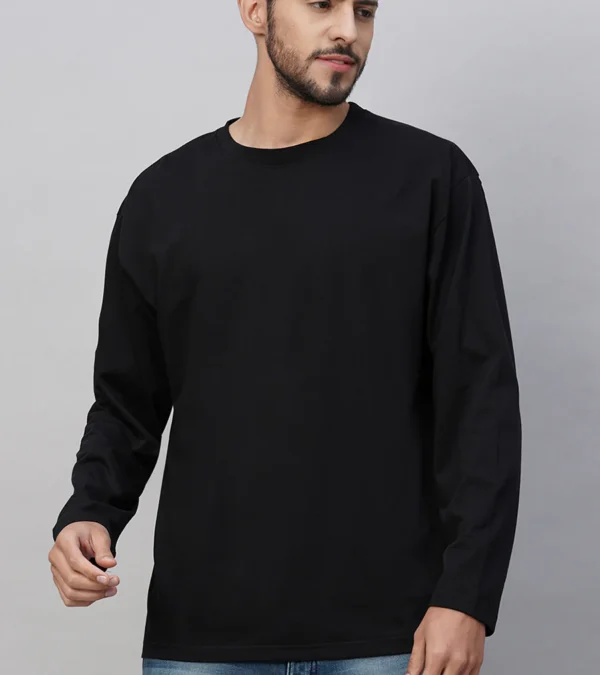 Plain Black Full Sleeve Round Neck T-shirt for Men | Comfortable & Stylish Casual Wear